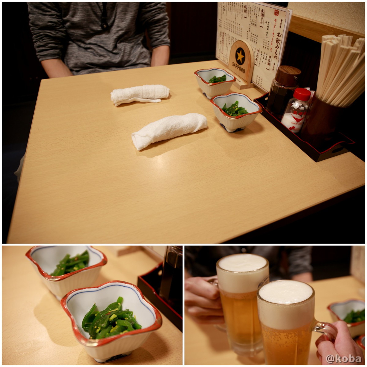 一階 テーブル席・お通し・アサヒ生ビールの写真｜大衆酒蔵 鳥益（とります）焼鳥・居酒屋｜東京都葛飾区・新小岩