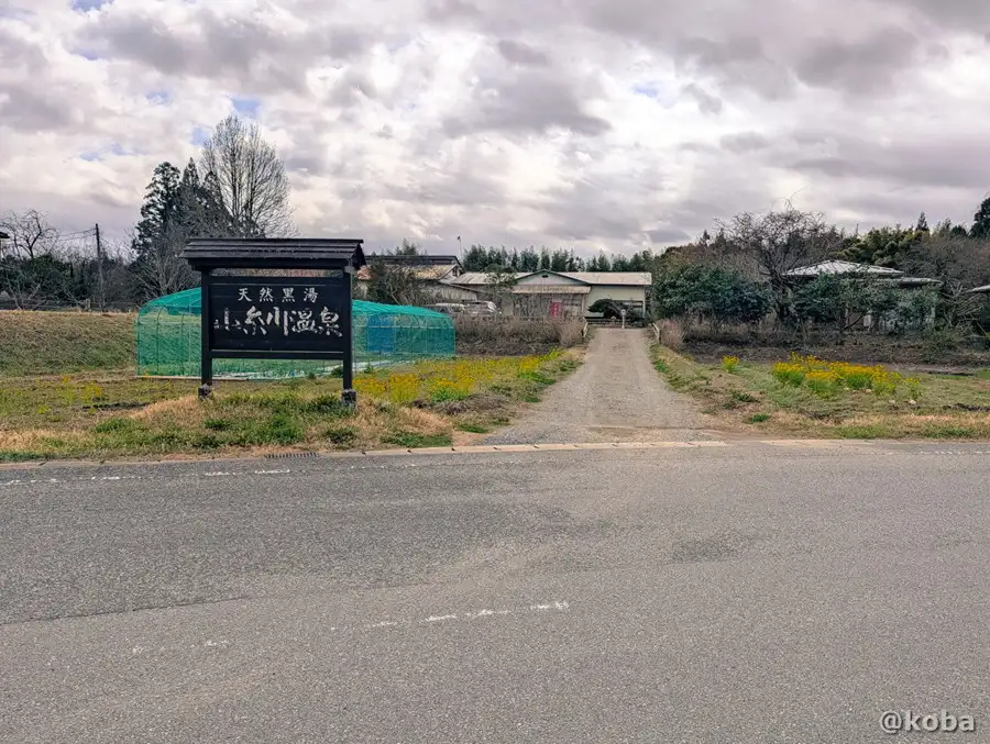 道路から見た小糸川温泉へのアプローチ。「天然黒湯 小糸川温泉」と書かれた古い看板が立つ全体写真。