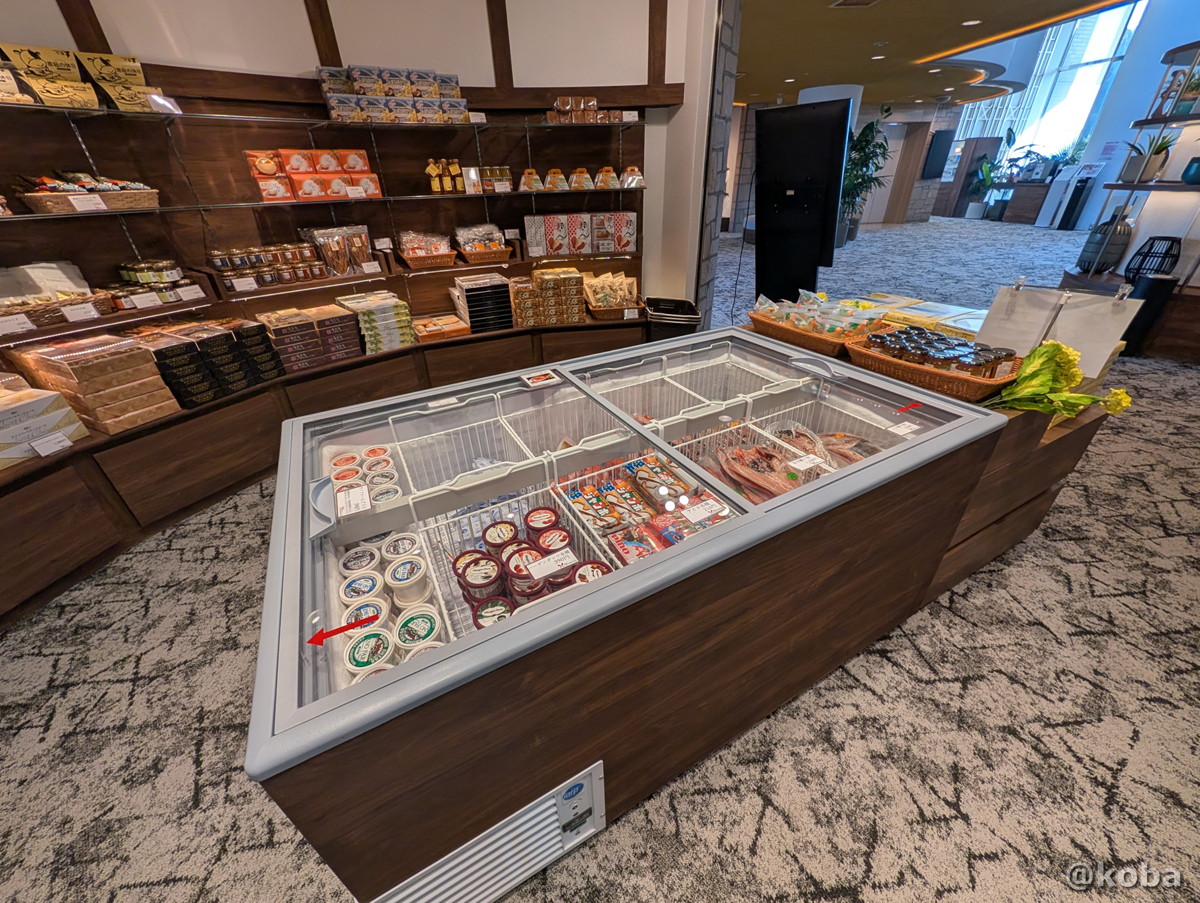 ホテルハーヴェスト勝浦の売店にある、アイスクリームや房総名産の冷凍の干物などが並ぶ冷凍ケースの写真。