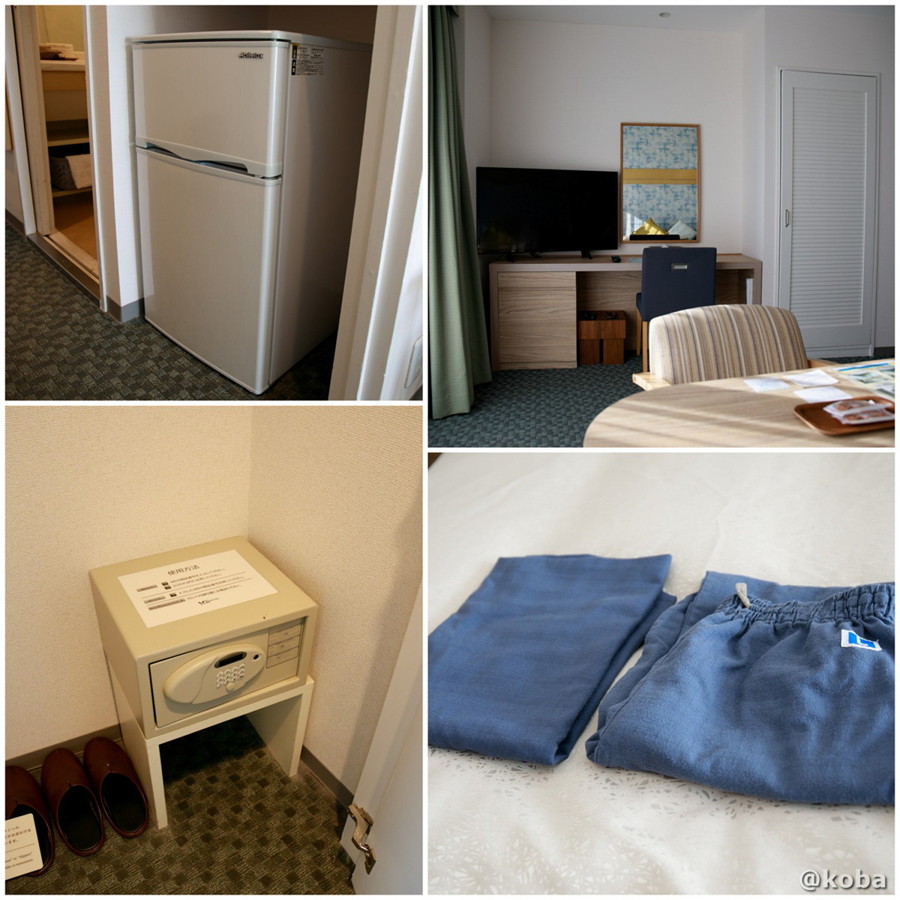 ホテルハーヴェスト勝浦の客室設備をまとめた4枚のコラージュ写真(冷蔵庫、金庫、テレビモニター、ルームウェア)。