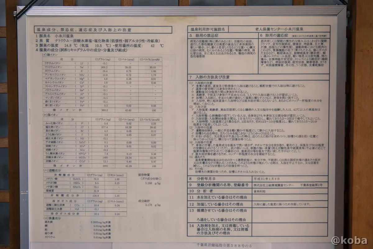 小糸川温泉の館内に掲示されている、天然黒湯の泉質や効能が書かれた温泉成分表の写真。