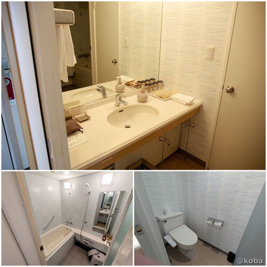 ホテルハーヴェスト勝浦の客室にある水廻りをまとめた3枚のコラージュ写真(洗面所、ユニットバス、トイレ)。