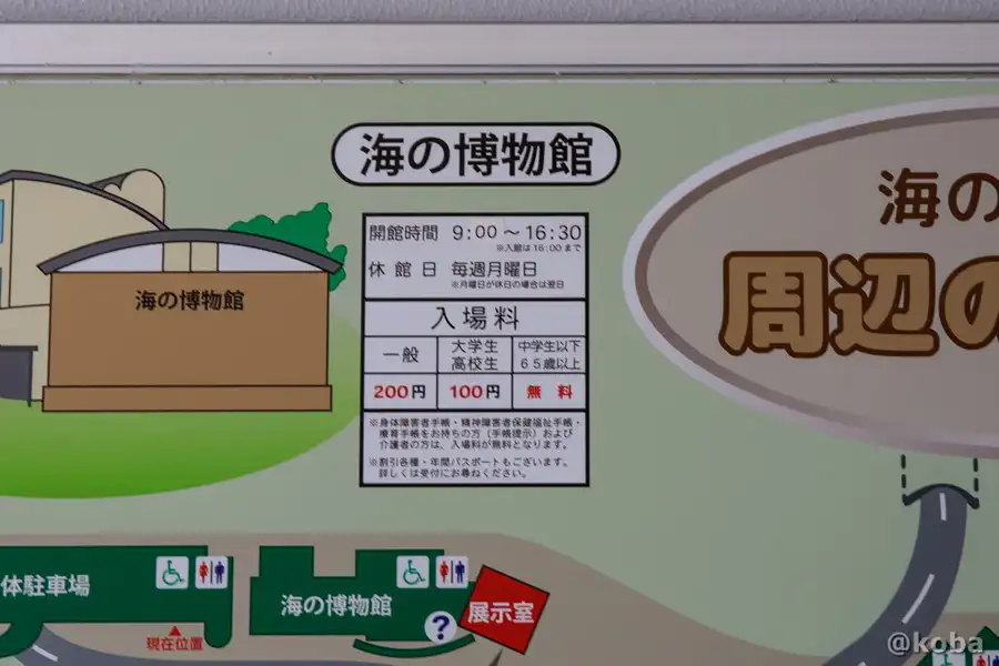 千葉県勝浦市「海の博物館」の開館時間や休館日、入館料などが書かれた案内表示の写真。