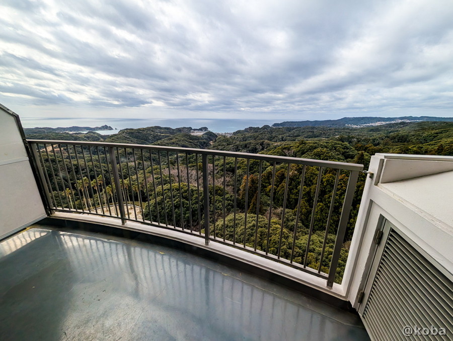 ホテルハーヴェスト勝浦の10階客室ベランダから、曇り空の下に広がるリアス式海岸と海を一望する景色。