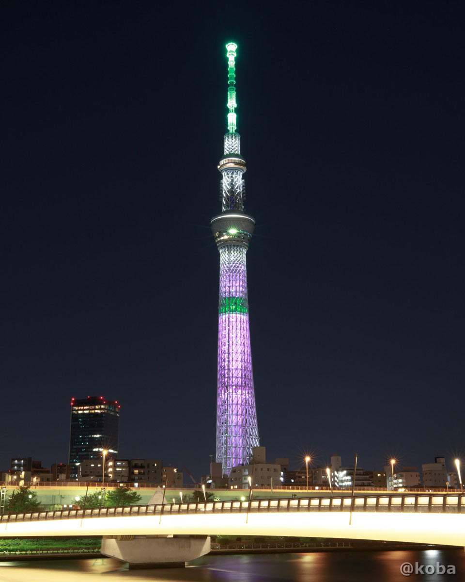 夜空に浮かび上がる東京スカイツリー 竈門禰豆子ライティング(縦構図)