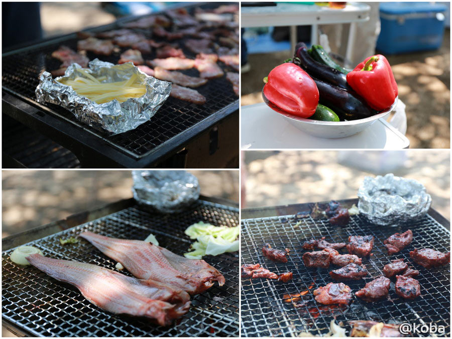 網の上で豪快に焼かれる大きなほっけの開きや肉厚のハラミとホイル焼き