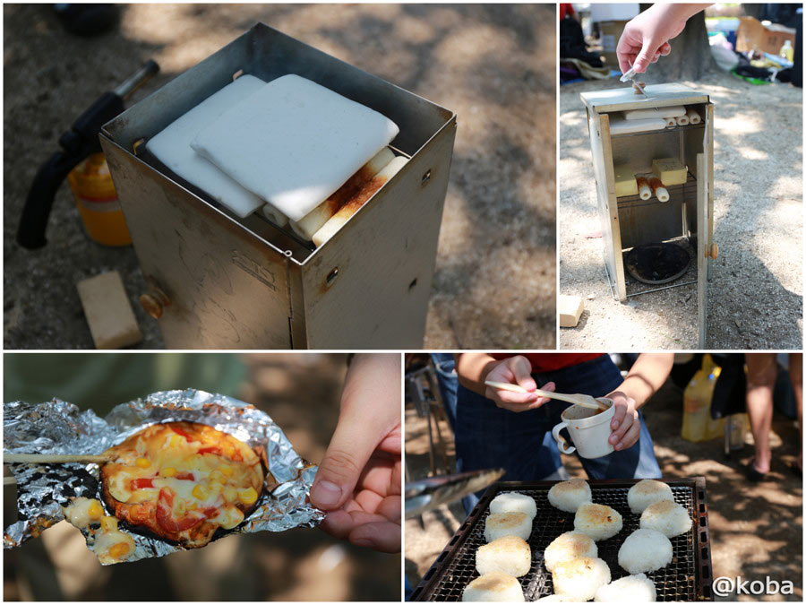 専用のスモーカーケースで燻製にされるちくわやチーズと香ばしい焼きおにぎり