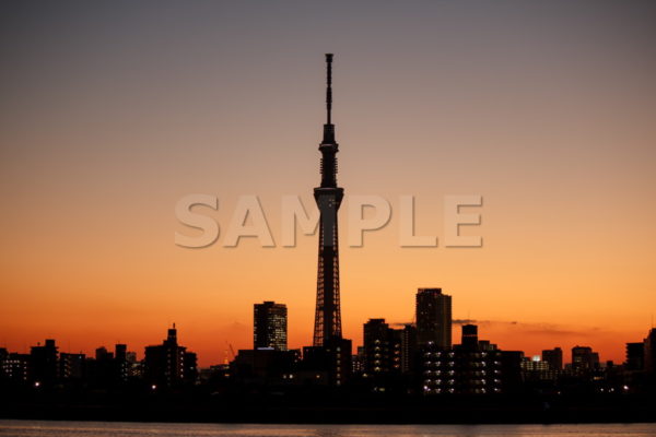 空気が澄んでいた日の夕方、葛飾区四つ木の河川敷で撮影した東京スカイツリー 「薄明・トワイライト」 / ライティングイメージ：なし / 6,000×4,000pixel