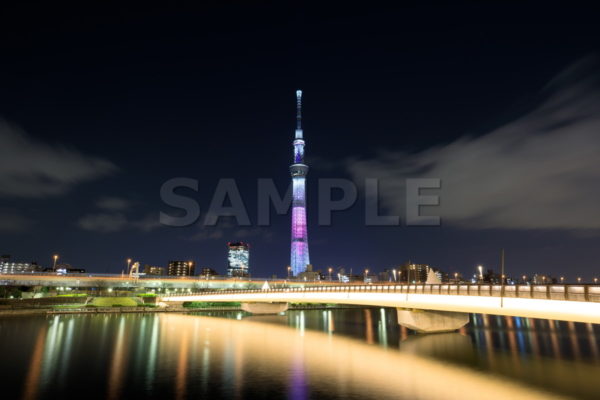 桜橋 舞 まい 桜の花びらが舞う ピンク色  橋梁 歩行者専用橋 夜景 スカイツリー Tokyo skytree